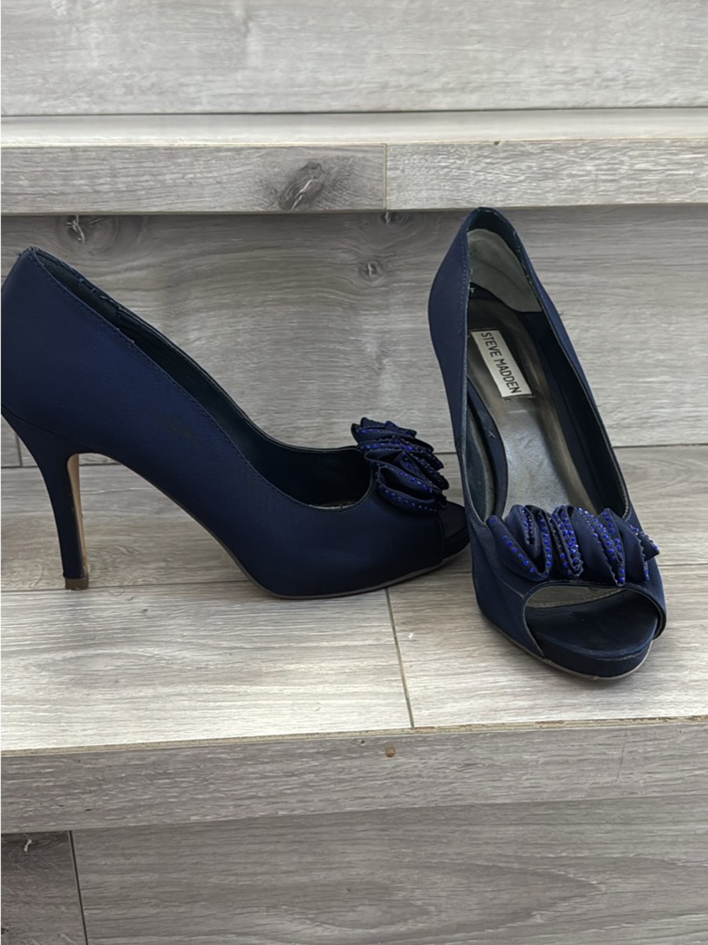 Steve Madden Navy Satin Open-Toe Heels with Decorative Rosettes